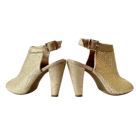 Jennifer Lopez Sasha Bling Champagne Suede Slingback Gold Stud Peep Toe Heels-9M - Picture 6 of 15